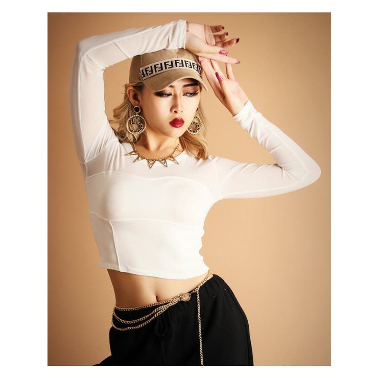 ホワイト | 長袖カットソー へそ出し シースルー | bombshell