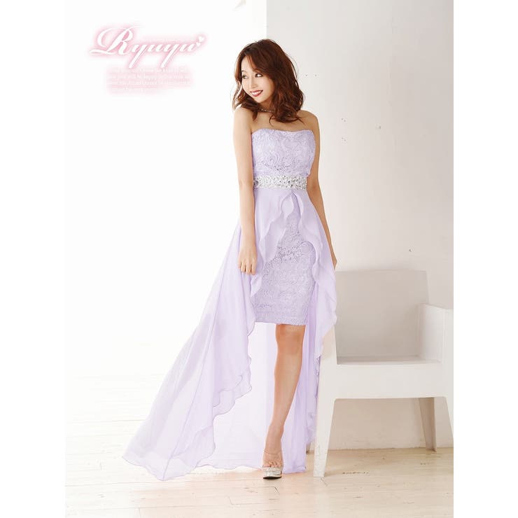 【韓国発】グラデーションシフォンロングキャバドレス couture an/クチュールアン】ベア/ シフォン/ フリル/ リボン
