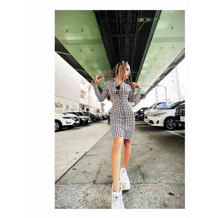 Y's ワイズ 異素材 ドッキング アシンメトリー ワンピース S 千鳥柄 Y'sの千鳥柄ドッキングワンピース