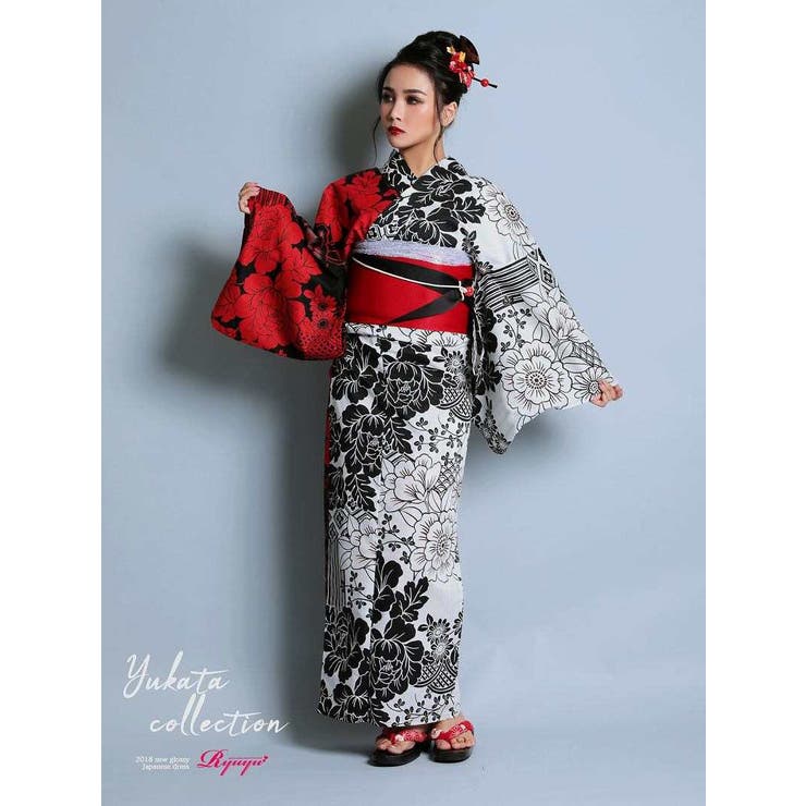 浴衣 牡丹柄 黒[品番：RV000007888]｜Ryuyu（リューユ）の