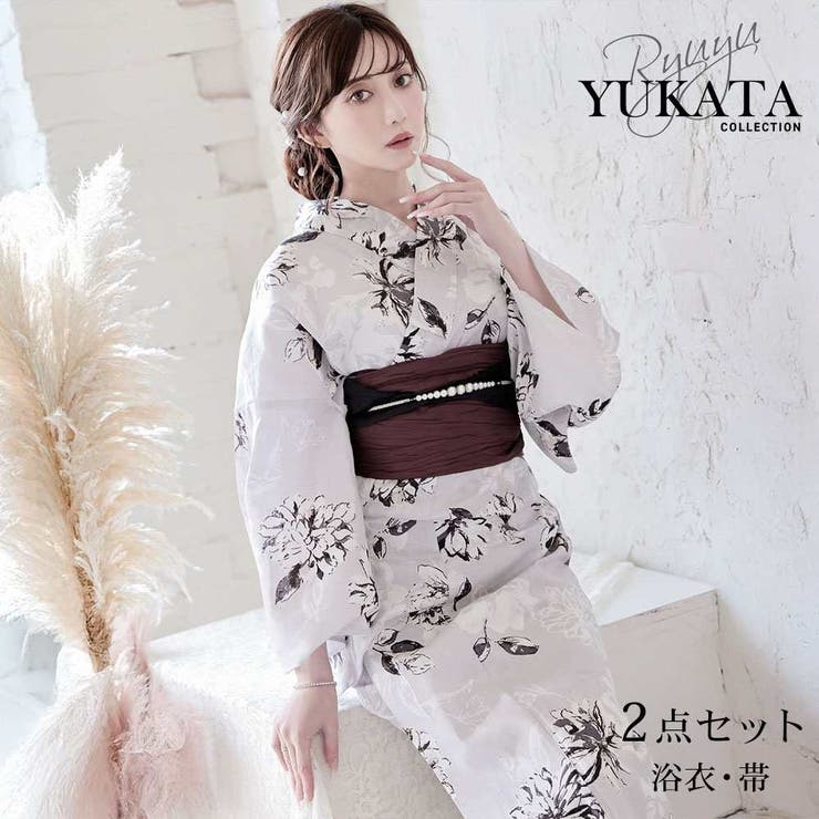 グレー | 浴衣 ベージュ 花 | Ryuyu