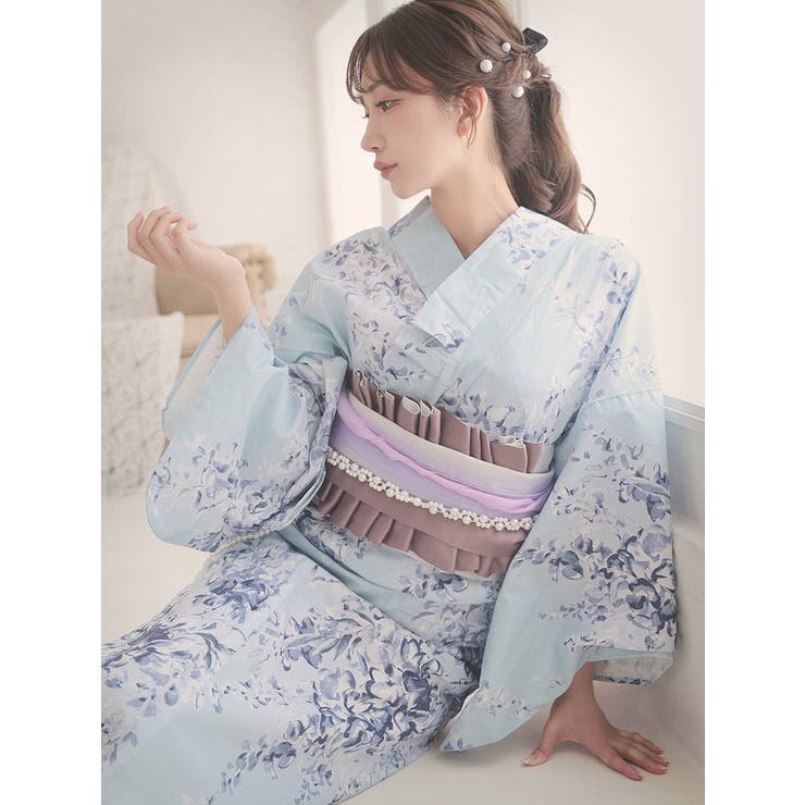 ろの浴衣　大きいサイズ　ハンドメイド　水色 葉模様 浴衣SALE最大77％OFF 7/31迄)【Prices down2】浴衣 作り帯 半幅