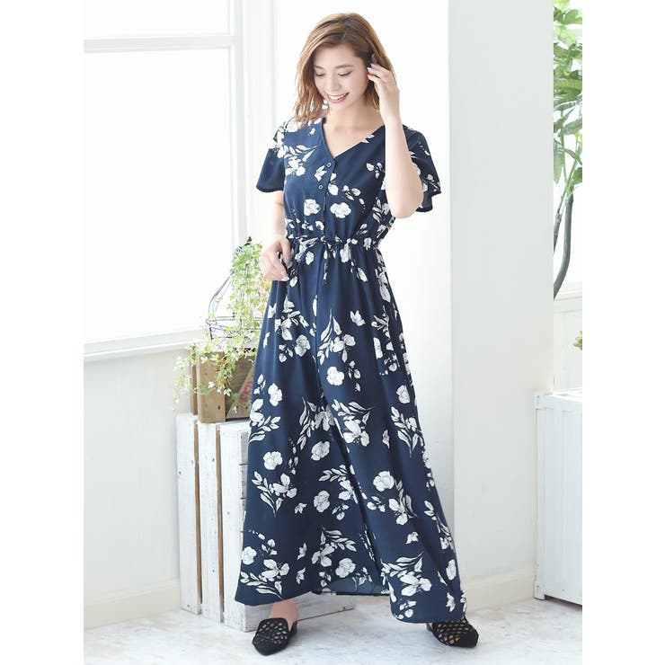 ワンピース 花柄シフォン半袖ロングワンピース フレアーVネック