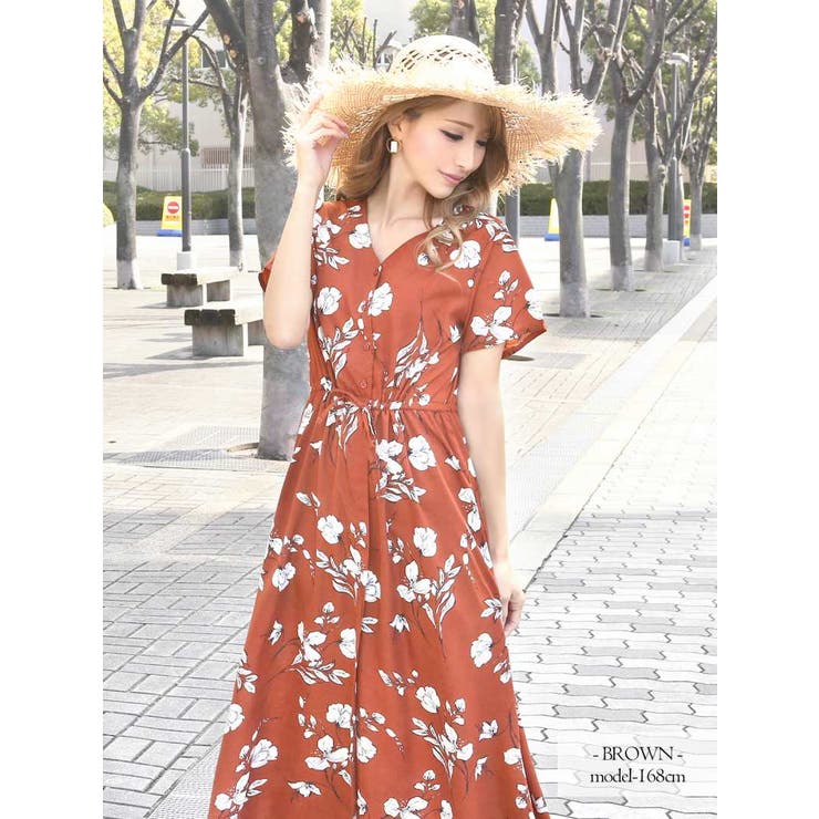 ワンピース 花柄シフォン半袖ロングワンピース フレアーVネックマキシ 