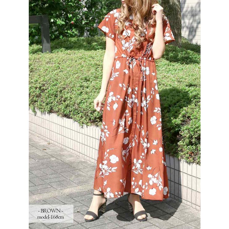 ワンピース 花柄シフォン半袖ロングワンピース フレアーVネックマキシ 