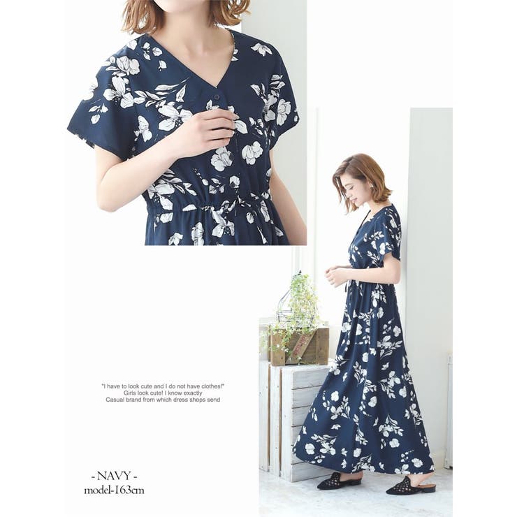 ワンピース 花柄シフォン半袖ロングワンピース フレアーVネック