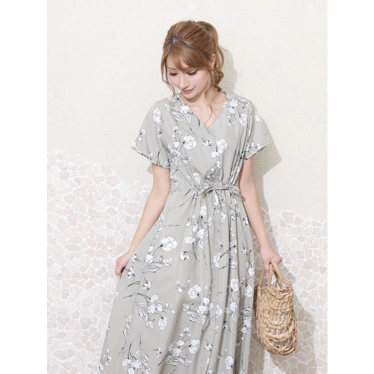 ワンピース 花柄シフォン半袖ロングワンピース フレアーVネックマキシ