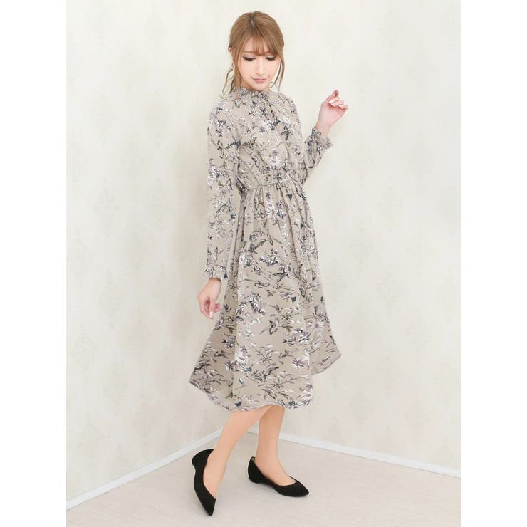 ワンピース 花柄シフォン長袖ワンピース 膝丈フレアーワンピース