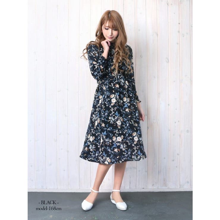 ワンピース 花柄シフォン長袖ワンピース 膝丈フレアーワンピース ワンピース 花柄シフォン長袖ワンピース 膝丈フレアーワンピース