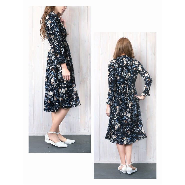 ワンピース 花柄シフォン長袖ワンピース 膝丈フレアーワンピース