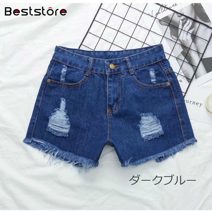 ダメージ加工 星柄 ダークブルーショートパンツ　23インチ ダメージデニムショートパンツ カットオフデザイン パンツ[品番