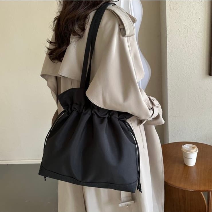 ブラック | 大人可愛い 2way 巾着トートバッグ A4収納可 軽量 マザーズバッグ | Beststore
