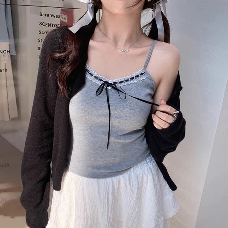 グレー | 「大人可愛いを叶える」カップ付きレースリボン リブキャミソール | Beststore