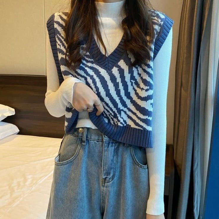 ブルー | レトロ可愛い。ゼブラ柄ショート丈ニットベスト | Beststore
