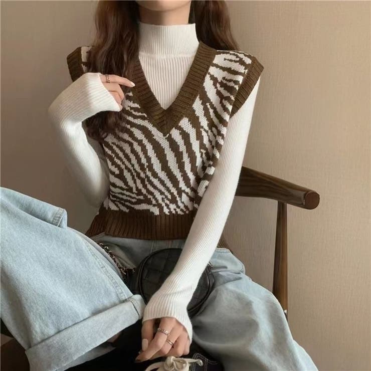 ブラウン | レトロ可愛い。ゼブラ柄ショート丈ニットベスト | Beststore