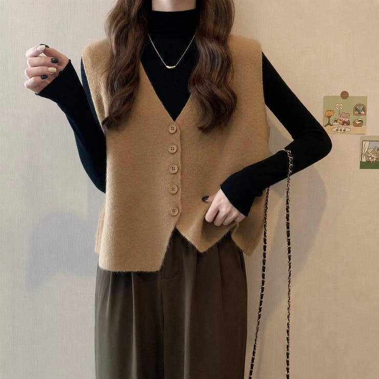 キャメル | ニットベスト レディース Vネック 前開き レトロ 韓国 秋冬 トップス | Beststore