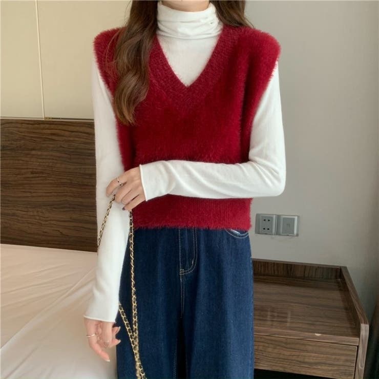 レッド | シャギーニットベスト Vネック 重ね着 秋 冬 レディース | Beststore
