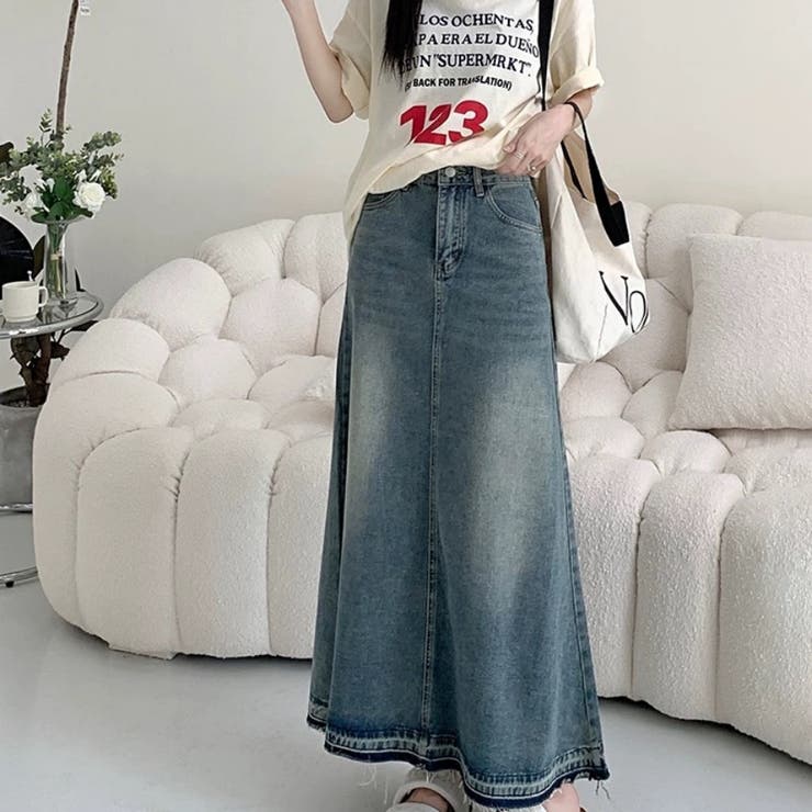 デニムロングスカート デニムスカート フリンジデニムスカート