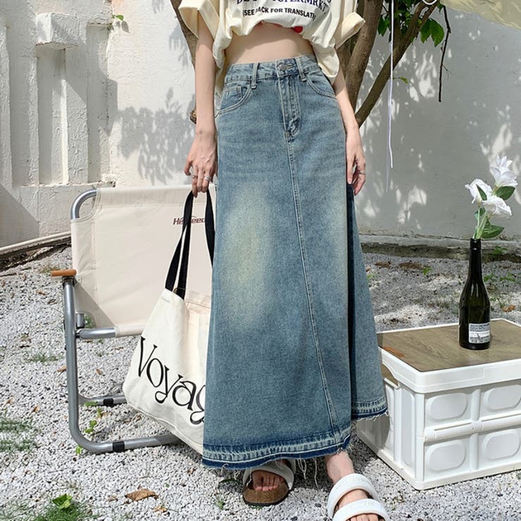 fringe denim stretch mermaid long skirt/フリンジデニム