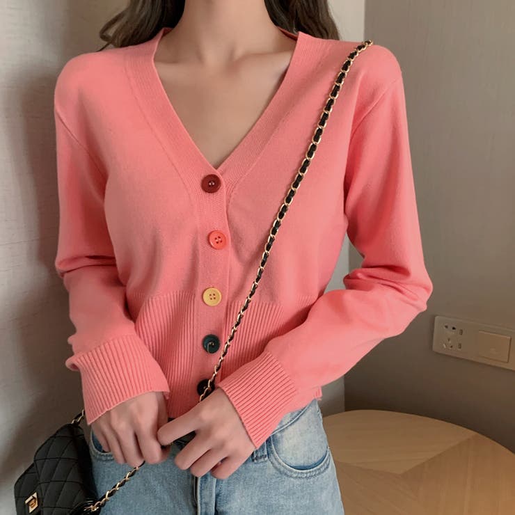 リブ編みピンクVネックカーディガン リブ編みピンクVネックカーディガン
