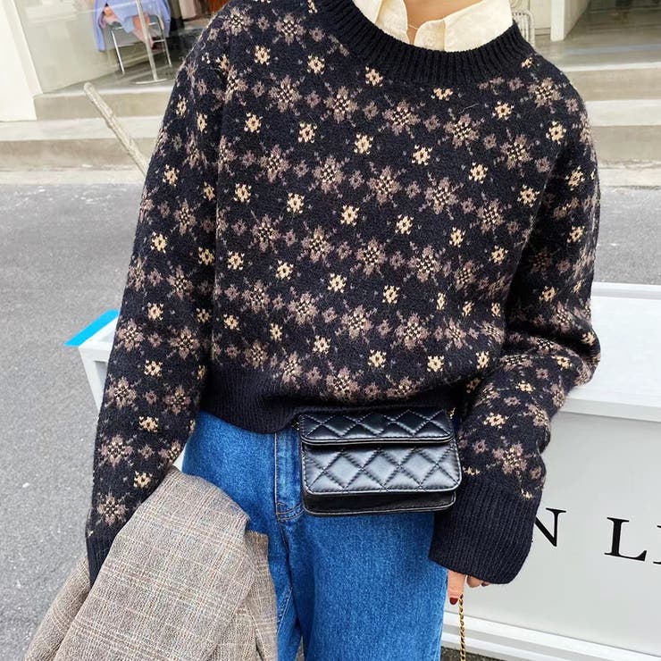 良品】FURFUR フラワーグリッドセーター ブラック フリーサイズ