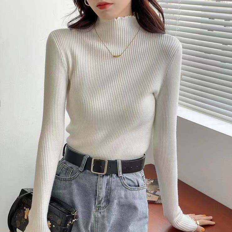 ホワイト | フリル ハイネックニット トップス | Beststore