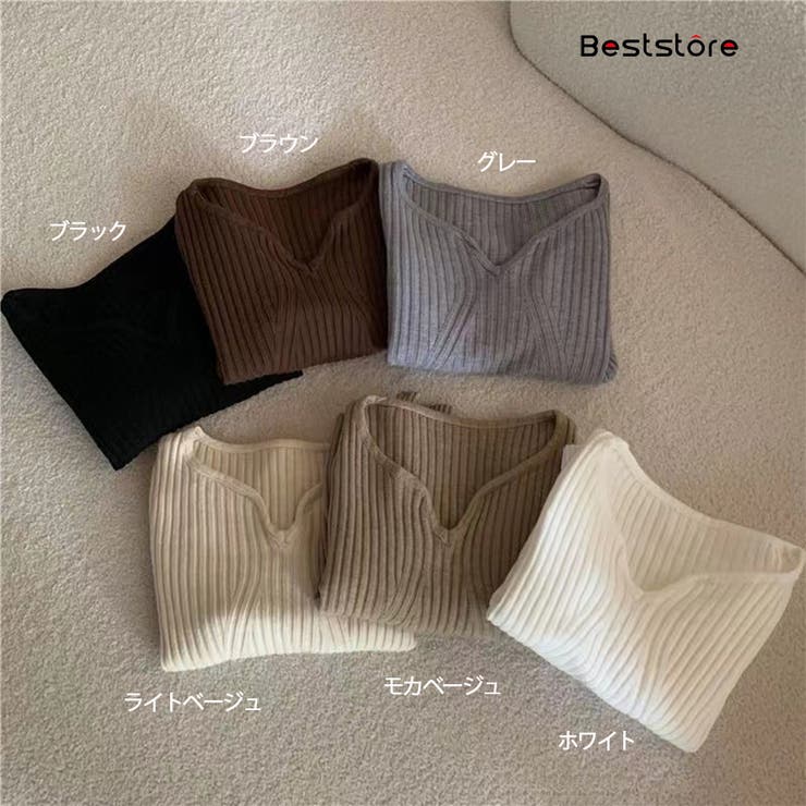 vネックニット ハートシェイプドネックニットトップス リブニット | Beststore | 詳細画像7 