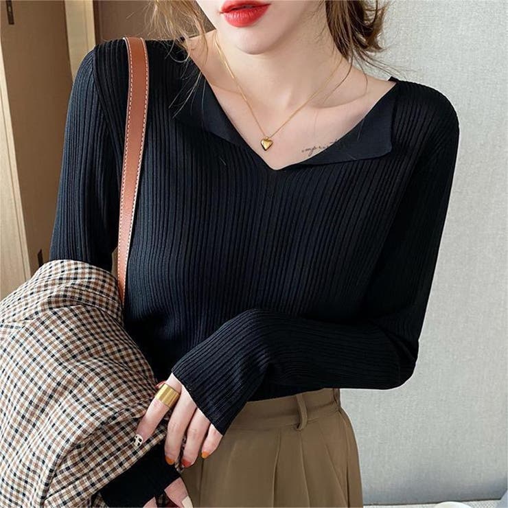 ブラック | フロント開き Vネック ニットトップス | Beststore