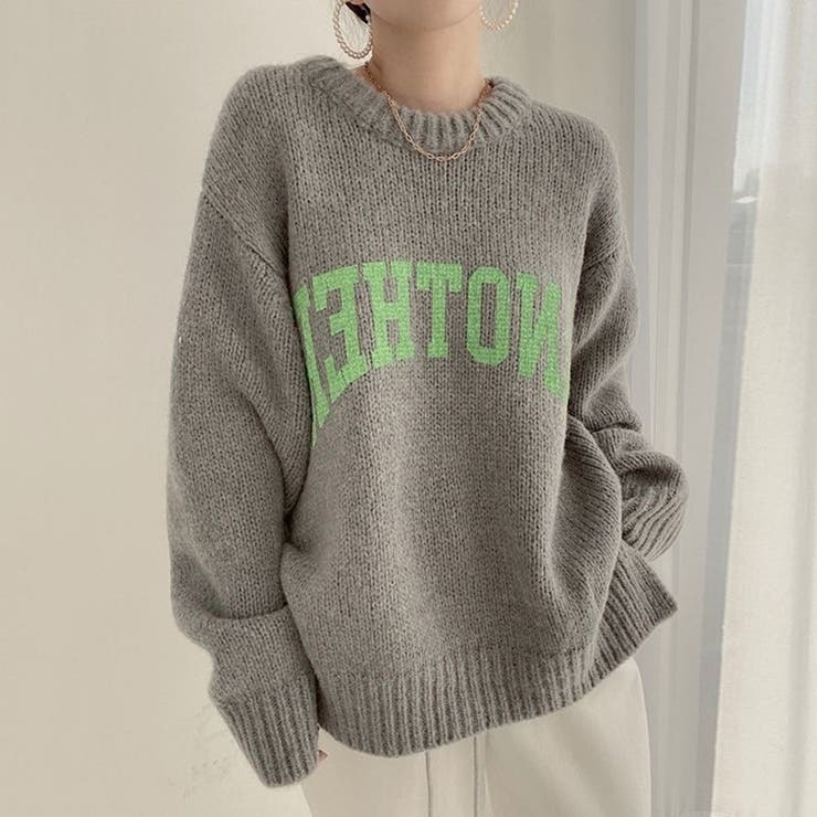 ロゴプリントオーバーサイズニットセータートップス 韓国ニットサイド 