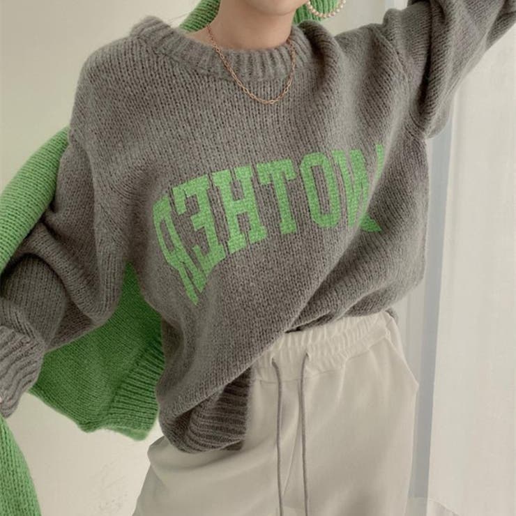 ロゴプリントオーバーサイズニットセータートップス 韓国ニットサイド 