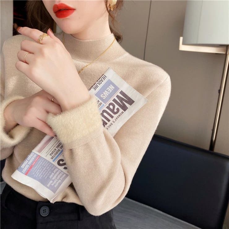 ベージュ | 裏起毛ニット ハイネックニット メロウフリルハイネックニット | Beststore