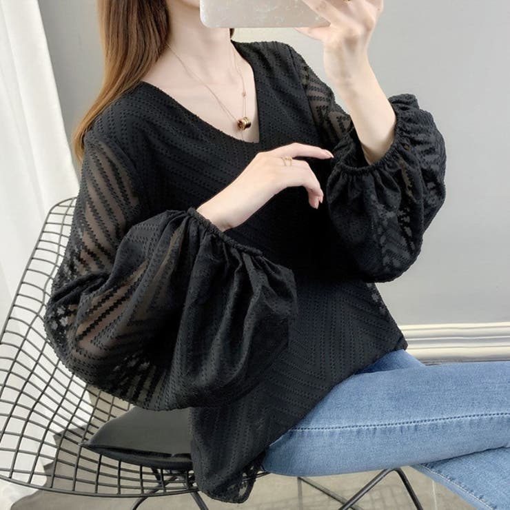 レディース ボリューム袖シアーブラウス Vネックシフォンブラウス | Beststore | 詳細画像6 