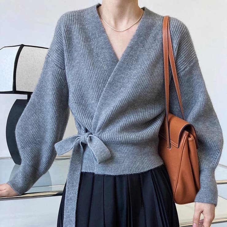 グレー | Vネック ボリュームスリーブ ニットカーディガンショート丈 | Beststore