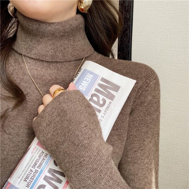 ブラウン | ハイネックニットタートルネック リブニット メロウフリルハイネックニット | Beststore