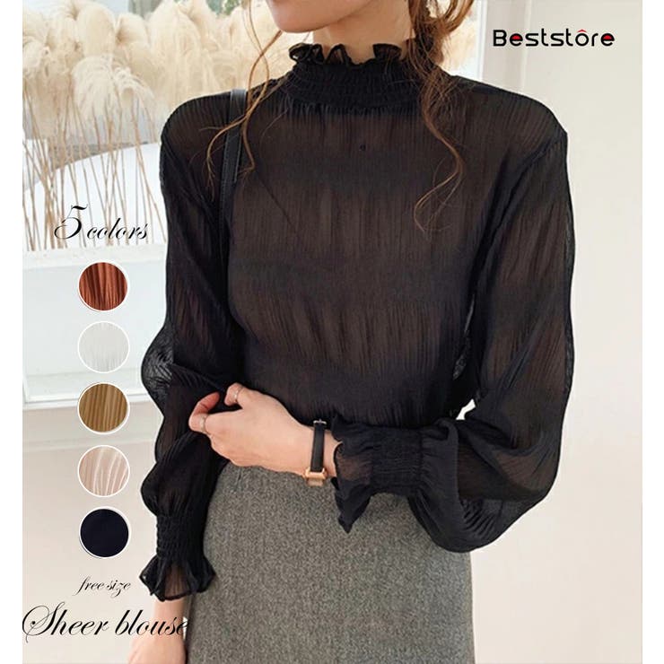 ブラック | シアーブラウス フリルトップス シフォンブラウス | Beststore