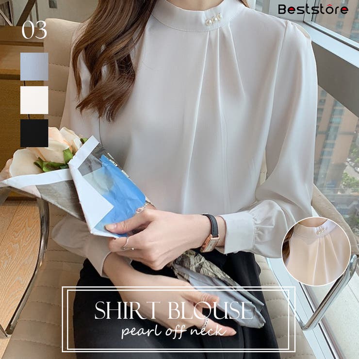 ホワイト | パール付きキーネック トップス シャツブラウス | Beststore