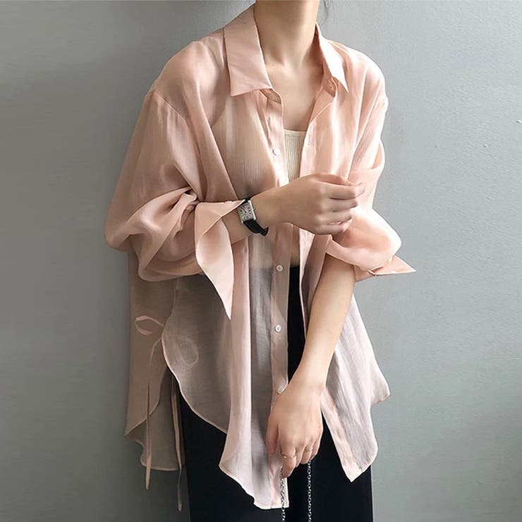【2点セット】mideal サイドリボンジレ スカート シアーシャツブラウス mideal ブラウス シャツ long sheer shirt / ロングシアーシャツ