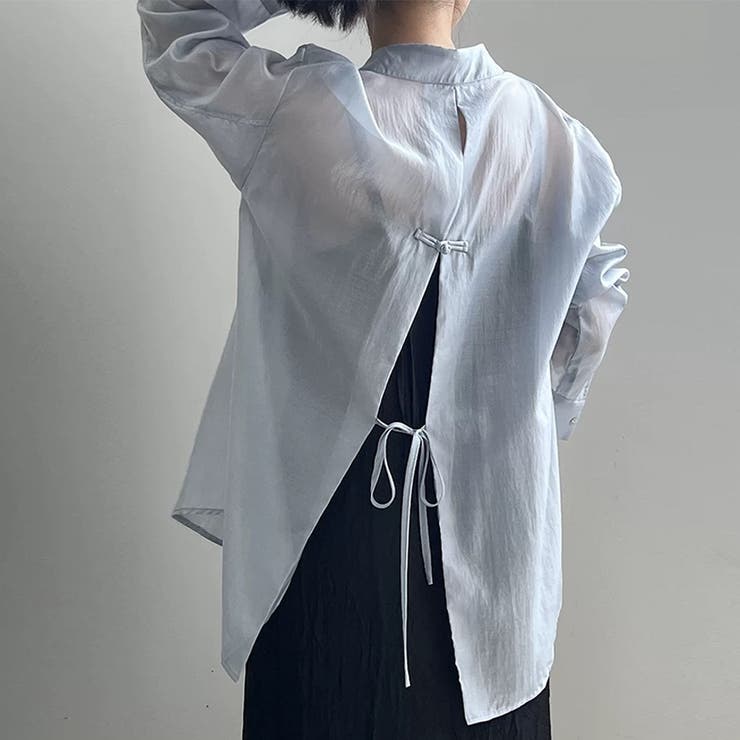 ブルー | シアーシャツ ブラウス バックデザイン レディース | Beststore