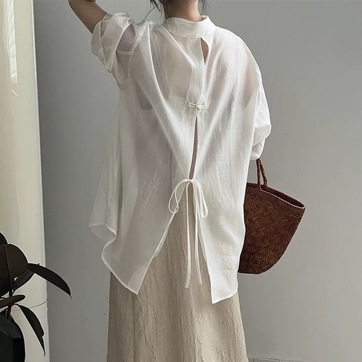 バックネームシアートップス レディース コード刺繍スリーブシアートップス（Tシャツ/カットソー