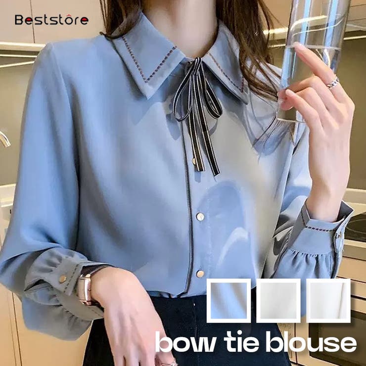リボン 付き ボウタイ シャツ ブラウス 長袖 ステッチ デザイン[品番