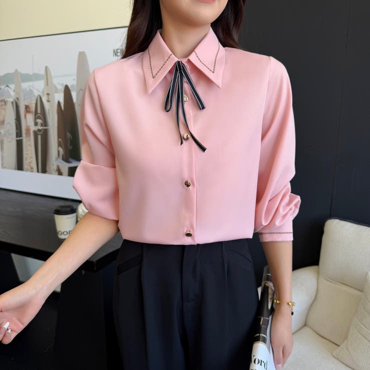 リボン 付き ボウタイ シャツ ブラウス 長袖 ステッチ デザイン | Beststore | 詳細画像26 