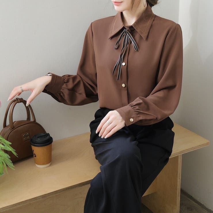 リボン 付き ボウタイ シャツ ブラウス 長袖 ステッチ デザイン | Beststore | 詳細画像30 