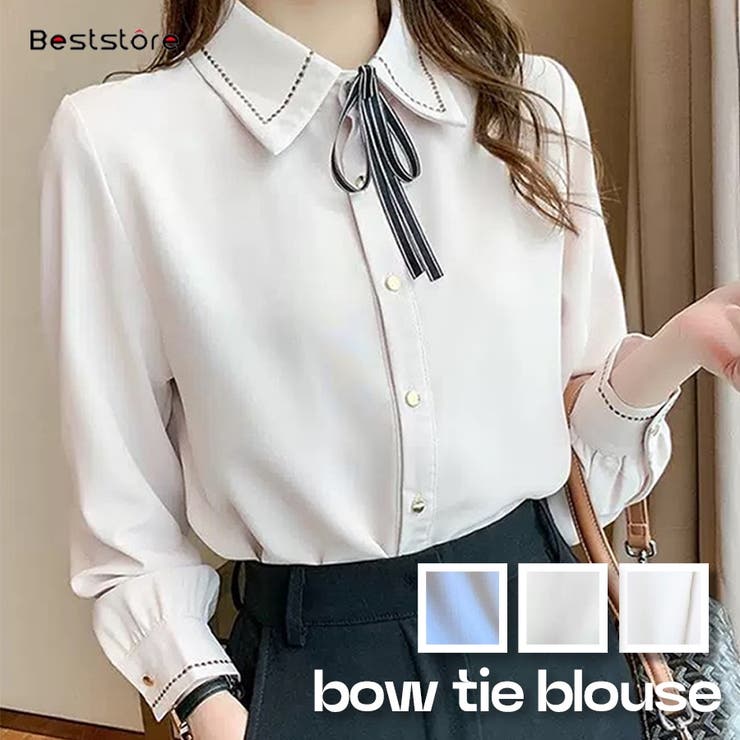 リボン 付き ボウタイ シャツ ブラウス 長袖 ステッチ デザイン