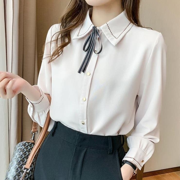 リボン 付き ボウタイ シャツ ブラウス 長袖 ステッチ デザイン | Beststore | 詳細画像5 