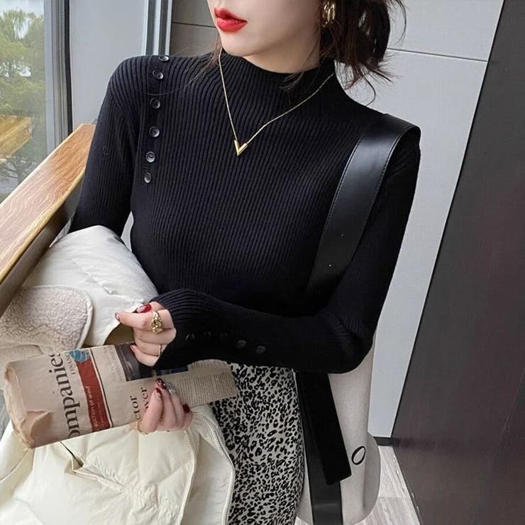 ブラック | リブニットセーター カットソー長袖 春秋冬 | Beststore