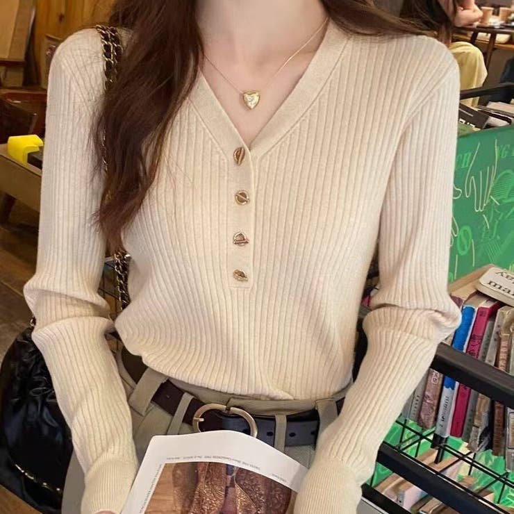 ライトベージュ | Vネックリブニットセーター 長袖スリム | Beststore