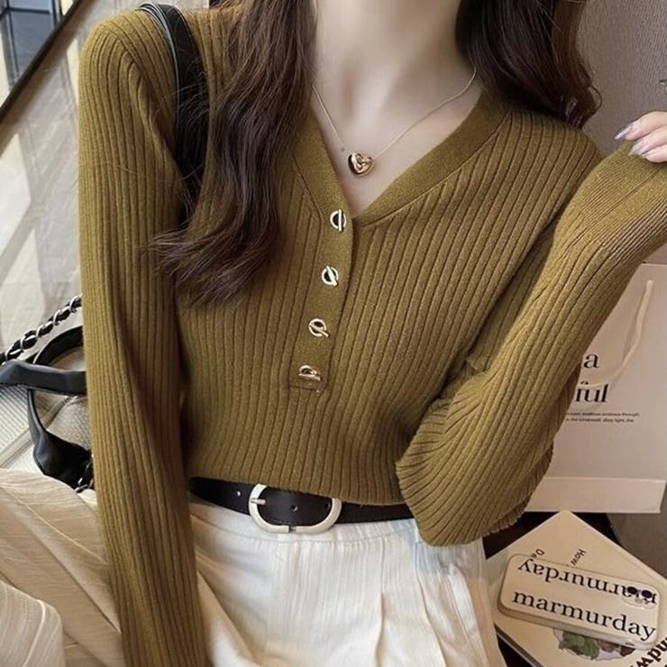 カーキ | Vネックリブニットセーター 長袖スリム | Beststore