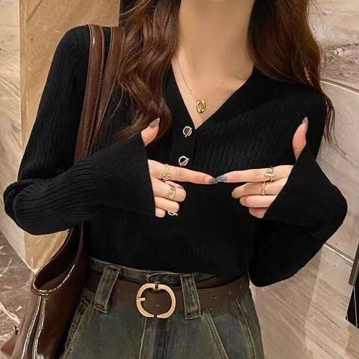ブラック | Vネックリブニットセーター 長袖スリム | Beststore