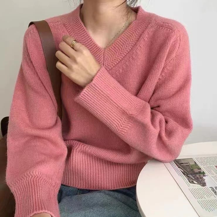 ピンク | Vネックニットトップスオーバーサイズ韓国ニットファッション ビッグシルエット | Beststore