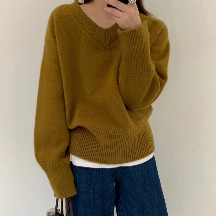 カーキ | Vネックニットトップスオーバーサイズ韓国ニットファッション ビッグシルエット | Beststore